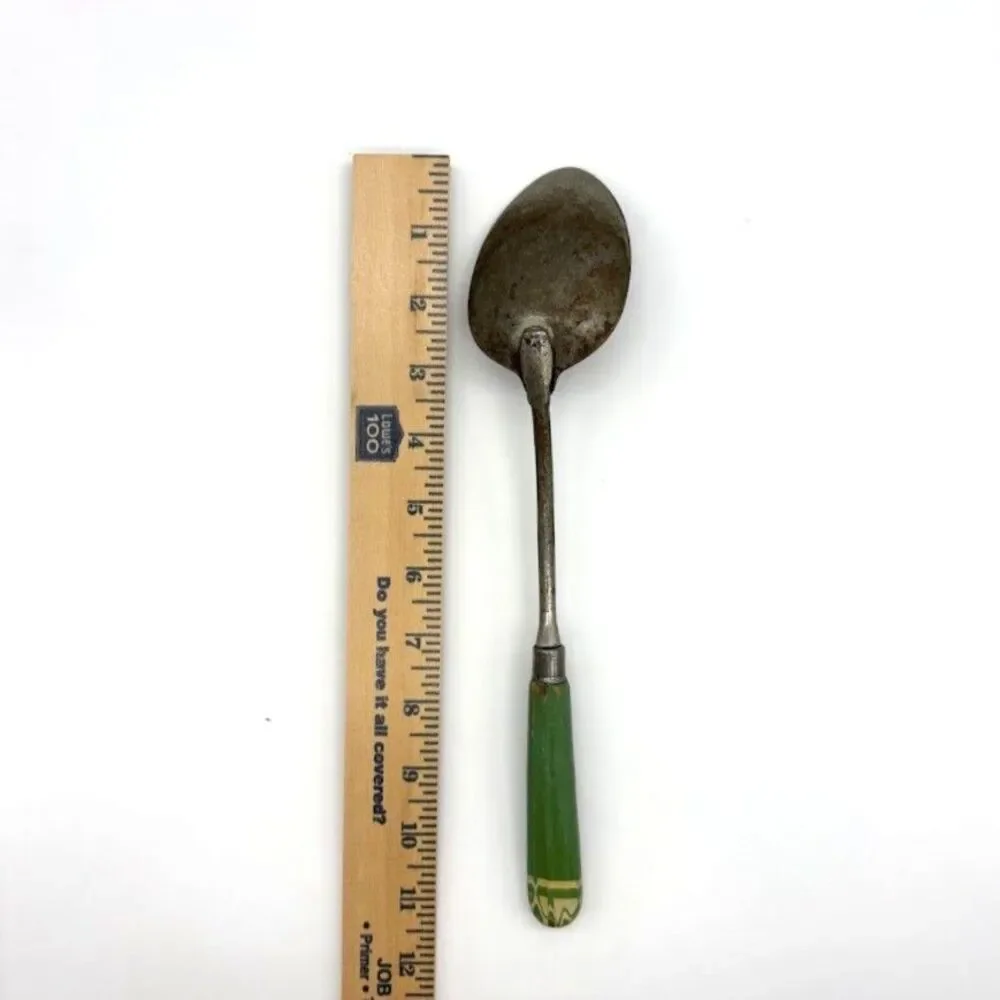 Vintage A&J Green Wood Handle Serving Spoon Primitive Kitchen Utensil 11.5